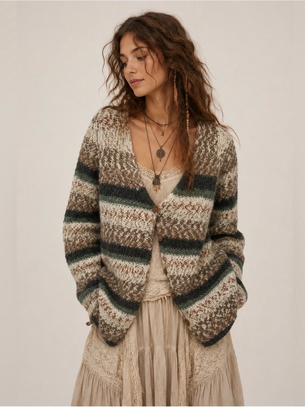 Handmade Earthy Striped Knit V-Neck Cardigan Boho Cozycore